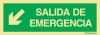 Señal de evacuación con el texto de SALIDA DE EMERGENCIA y la flecha diagonal hacia bajo a la izquierda según exigencia de la norma UNE 23-034