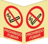 Señal panorámica a dos caras de prohibición con pictograma y texto de prohibido fumar