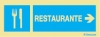 Señal informativa con el pictograma y texto de restaurante y flecha horizontal a la derecha