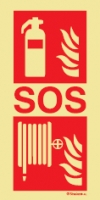 Señal fotoluminiscente en aluminio de equipo de lucha contra incendio para túneles con el doble pictograma de extintor y boca de incendio equipada y el texto SOS