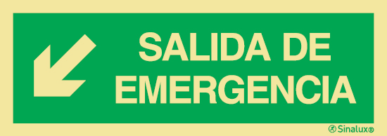 Señal de evacuación con el texto de SALIDA DE EMERGENCIA y la flecha diagonal hacia bajo a la izquierda según exigencia de la norma UNE 23-034