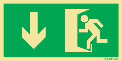 Señal de evacuación con el pictograma de SALIDA DE EMERGENCIA y flecha vertical hacia bajo según exigencia de la norma UNE 23-034