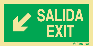 Señal de evacuación con el texto SALIDA/EXIT y flecha diagonal hacia bajo a la izquierda