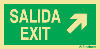 Señal de evacuación con el texto SALIDA/EXIT y flecha diagonal hacia arriba a la derecha