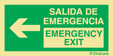 Señal de evacuación con el texto SALIDA DE EMERGENCIA/EMERGENCY EXIT y flecha horizontal hacia la izquierda