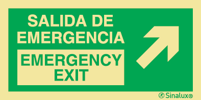 Señal de evacuación con el texto SALIDA DE EMERGENCIA/EMERGENCY EXIT y flecha diagonal hacia arriba a la derecha