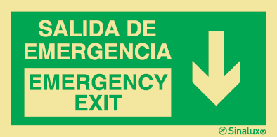 Señal de evacuación con el texto SALIDA DE EMERGENCIA/EMERGENCY EXIT y flecha vertical hacia bajo