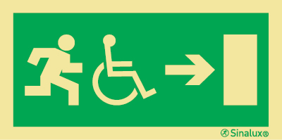 Señal de evacuación para zonas de evacuaciones comunes de personas y de personas con discapacidad con flecha horizontal a la derecha