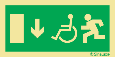 Señal de evacuación para zonas de evacuaciones comunes de personas y de personas con discapacidad con flecha vertical hacia bajo