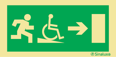 Señal de evacuación para zonas de evacuaciones comunes de personas y de personas con discapacidad con rampa ascendente y con flecha horizontal a la derecha