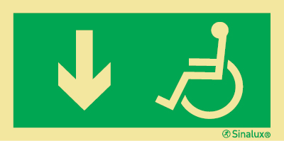 Señal de evacuación para personas con discapacidad con flecha vertical hacia bajo