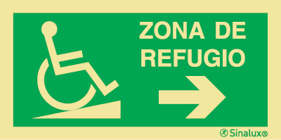 Señal de evacuación de ZONA DE REFUGIO para personas con discapacidad con rampa descendente y con flecha horizontal a la derecha