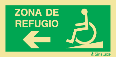 Señal de evacuación de ZONA DE REFUGIO para personas con discapacidad con rampa ascendente y con flecha horizontal a la izquierda