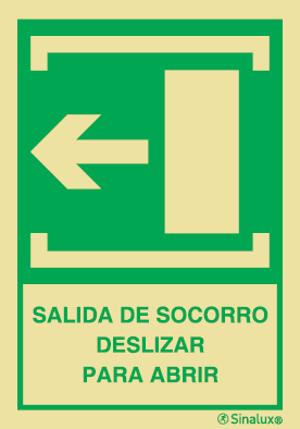 Señal de evacuación para apertura de puertas con el pictograma de DESLIZAR PARA ABRIR y con el texto SALIDA DE SOCORRO DESLIZAR PARA ABRIR y flecha horizontal a la izquierda
