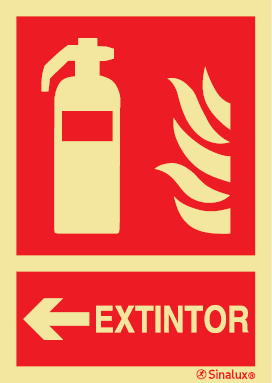 Señal de equipo de lucha contra incendio con el pictograma y texto de extintor y flecha horizontal a la izquierda