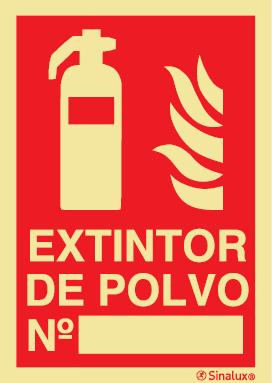 Señal de equipo de lucha contra incendio con el pictograma y texto para el número de extintor de polvo