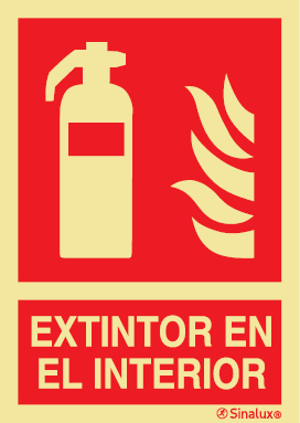Señal de equipo de lucha contra incendio con el pictograma de extintor y texto EXTINTOR EN EL INTERIOR