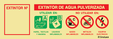 Señal de equipo de lucha contra incendio para numerar un extintor y con las recomendaciones de uso de un extintor de agua pulverizada
