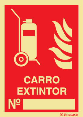 Señal de equipo de lucha contra incendio con el pictograma y texto para el número de extintor móvil