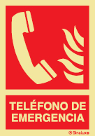 Señal de equipo de alarma o alerta contra incendio con el pictograma x texto de teléfono de emergencia