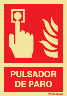 Señal de equipo de alarma o alerta contra incendio con el pictograma de pulsador de alarma y el texto PULSADOR DE PARO