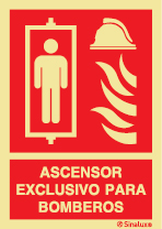 Señal de equipo de lucha contra incendio con el pictograma y texto de ascensor para los servicios de emergencia