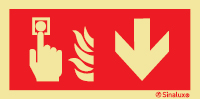 Señal de equipo de lucha contra incendio con el pictograma de pulsador de alarma y flecha vertical hacia bajo