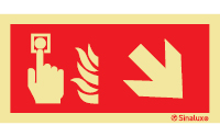 Señal de equipo de lucha contra incendio con el pictograma de pulsador de alarma y flecha diagonal hacia bajo a la derecha