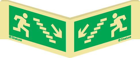 Señal panorámica a dos caras de evacuación con el pictograma de escalera y la flecha diagonal hacia bajo