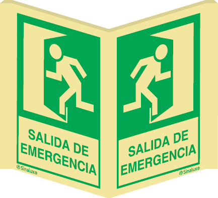 Señal panorámica a dos caras de evacuación con el pictograma de la norma UNE 23-034 y el texto SALIDA DE EMERGENCIA