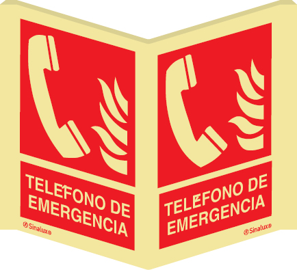 Señal panorámica a dos caras de equipo de lucha contra incendio con el pictograma y texto de teléfono de emergencia