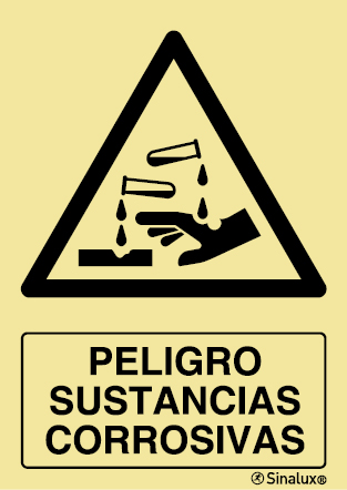 Señal de peligro con el pictograma y texto de substancias corrosivas