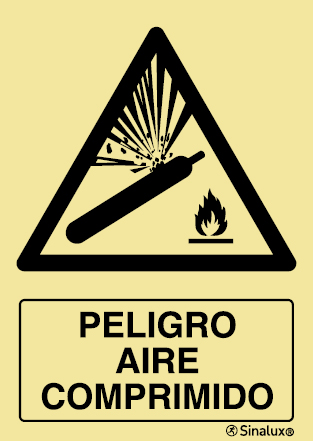 Señal de peligro con el pictograma y texto de aire comprimido