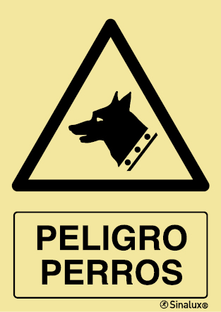 Señal de peligro con el pictograma y texto de perros