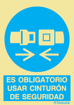 Señal de obligación con el pictograma y texto de obligatorio el uso de cinturón de seguridad