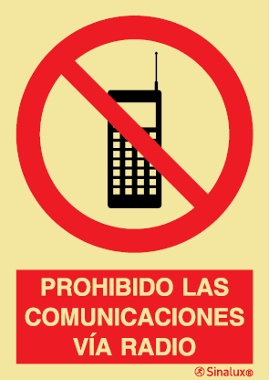Señal de prohibición con el pictograma y texto de prohibido las comunicaciones vía radio