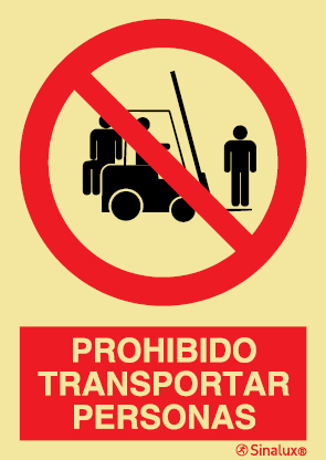 Señal de prohibición con el pictograma y texto de prohibido transportar personas