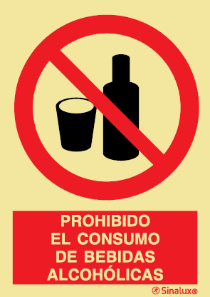 Señal de prohibición con el pictograma y texto de prohibido el consumo de bebidas alcohólicas