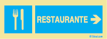 Señal informativa con el pictograma y texto de restaurante y flecha horizontal a la derecha