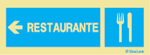 Señal informativa con el pictograma y texto de restaurante y flecha horizontal a la izquierda