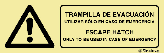 Señal en vinilo autoadhesivo de peligro con el pictograma y texto en dos lenguas de TRAMPILLA DE EVACUACIÓN