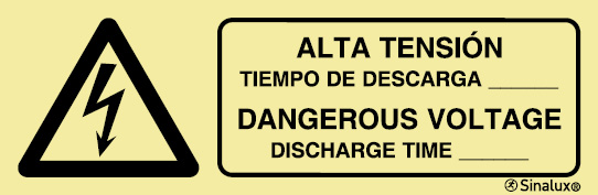 Señal en vinilo autoadhesivo de peligro con el pictograma y texto en dos lenguas de ALTA TENSIÓN