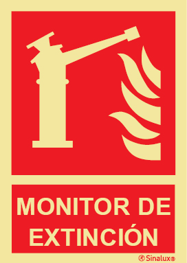 Señal de equipo de lucha contra incendio con el pictograma y texto de monitor de extinción