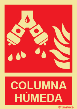 Señal de equipo de lucha contra incendio con el pictograma y texto de columna húmeda