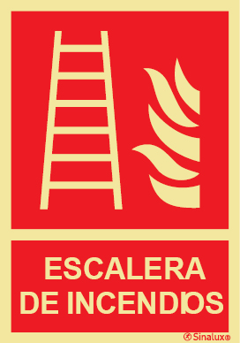 Señal de equipo de lucha contra incendio con el pictograma y texto de escalera de incendios