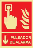 Señal de equipo de alarma o alerta contra incendio con el pictograma y texto de pulsador de alarma y flecha vertical hacia bajo