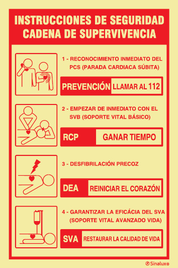 Señal de equipos de emergencia de DESFIBRILADOR con el texto de INSTRUCCIONES DE SEGURIDAD CADENA DE SUPERVIVENCIA