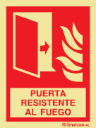 Señal fotoluminiscente en aluminio de equipo de lucha contra incendio para túneles con el pictograma y texto de PUERTA RESISTENTE AL FUEGO