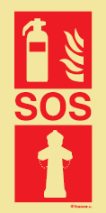 Señal fotoluminiscente en aluminio de equipo de lucha contra incendio para túneles con el doble pictograma de extintor y hidrante y el texto SOS