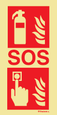 Señal fotoluminiscente en aluminio de equipo de alarma y lucha contra incendio para túneles con el doble pictograma de pulsador de alarma y el texto SOS